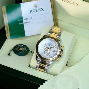 MEN'S ROLEX DAYTONA TWO TONE WHITE DIAL 40MM WATCH COMPLETE BOX & PAPERS-MINT